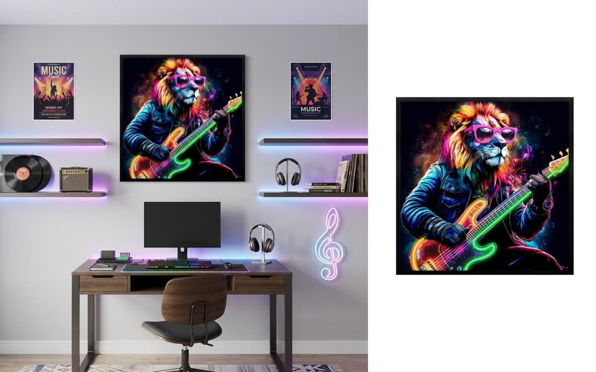Lev s baskytarou v neon stylu - pop art LED hudební obraz na zeď - 83 × 83 cm