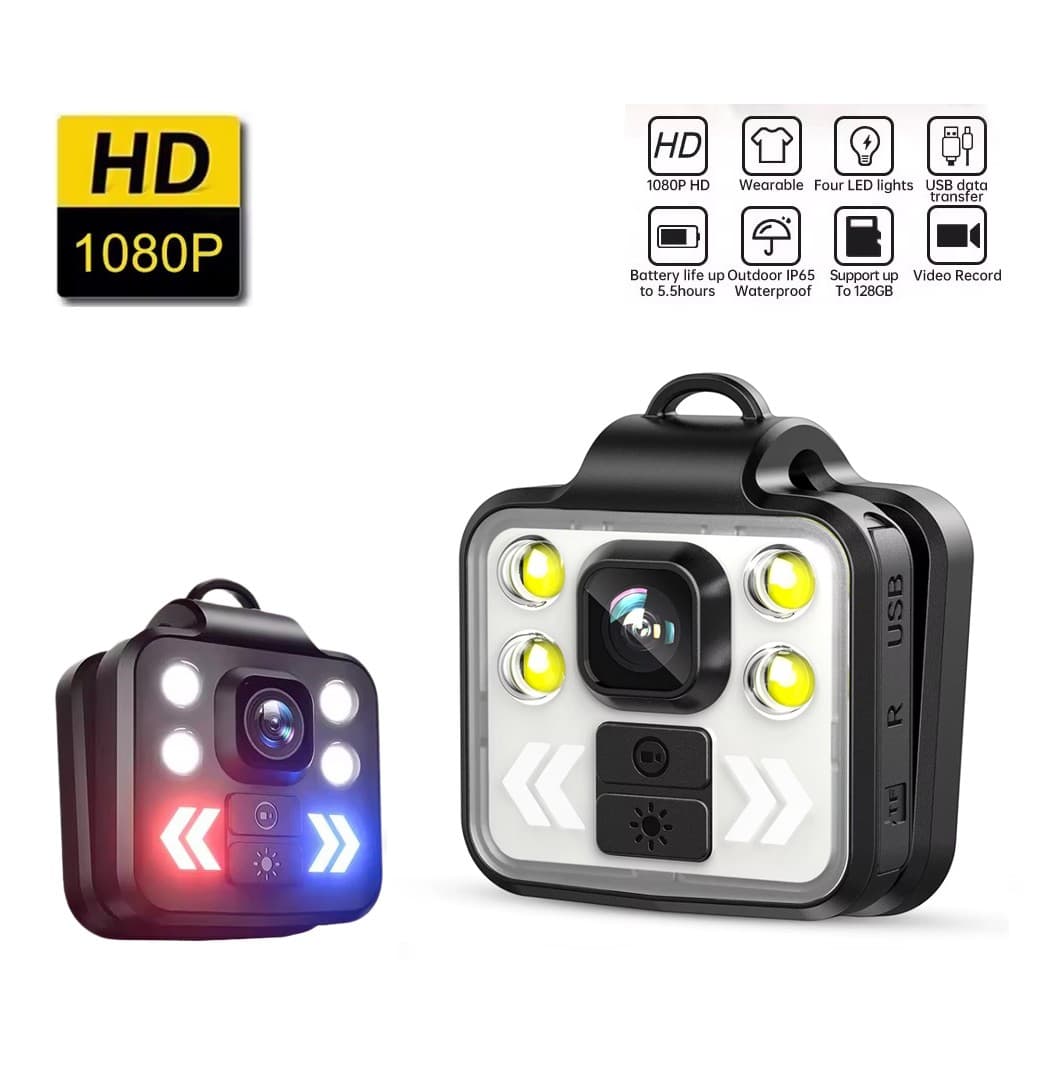 Osobní videorekordér FULL HD 1080p - kamera na tělo s IP65 s 4x LED světlo Bílé / Červená + Modrá