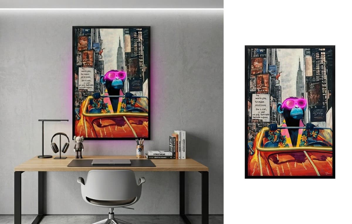 Pop art zábavný LED světelný obraz na zeď – Cool opice ve městě – 63 × 93 cm