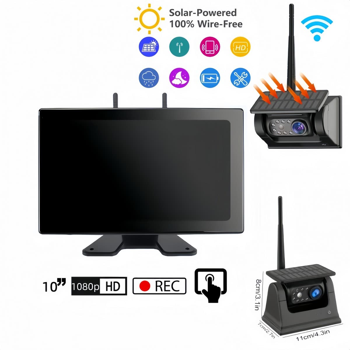 Solární couvací set 10" monitor + 1x Wifi HD kamera magnetická s IR LED + baterie 9600 mAh s IP69 - náhled 4