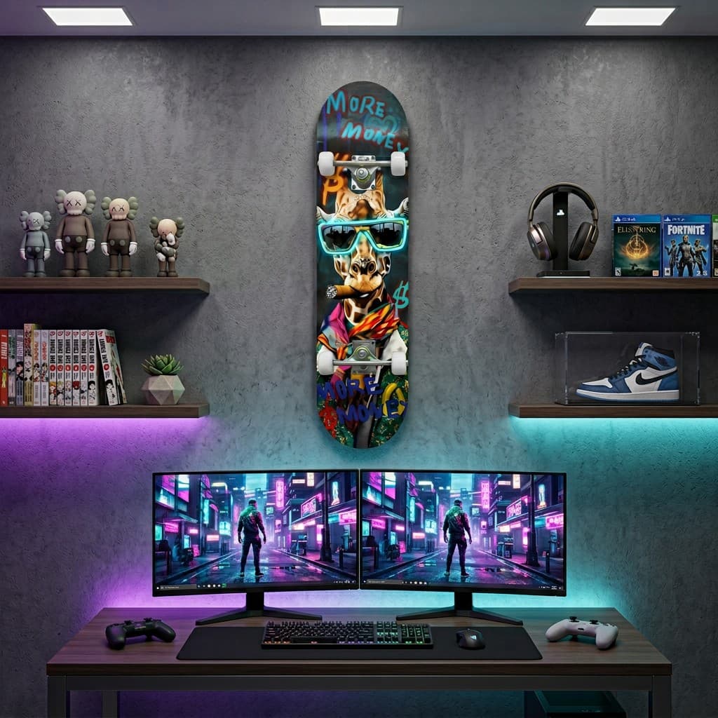 Graffiti žirafa s doutníkem – Moderní pop art LED skateboard obraz na zeď – 20 × 79 cm - náhled 3