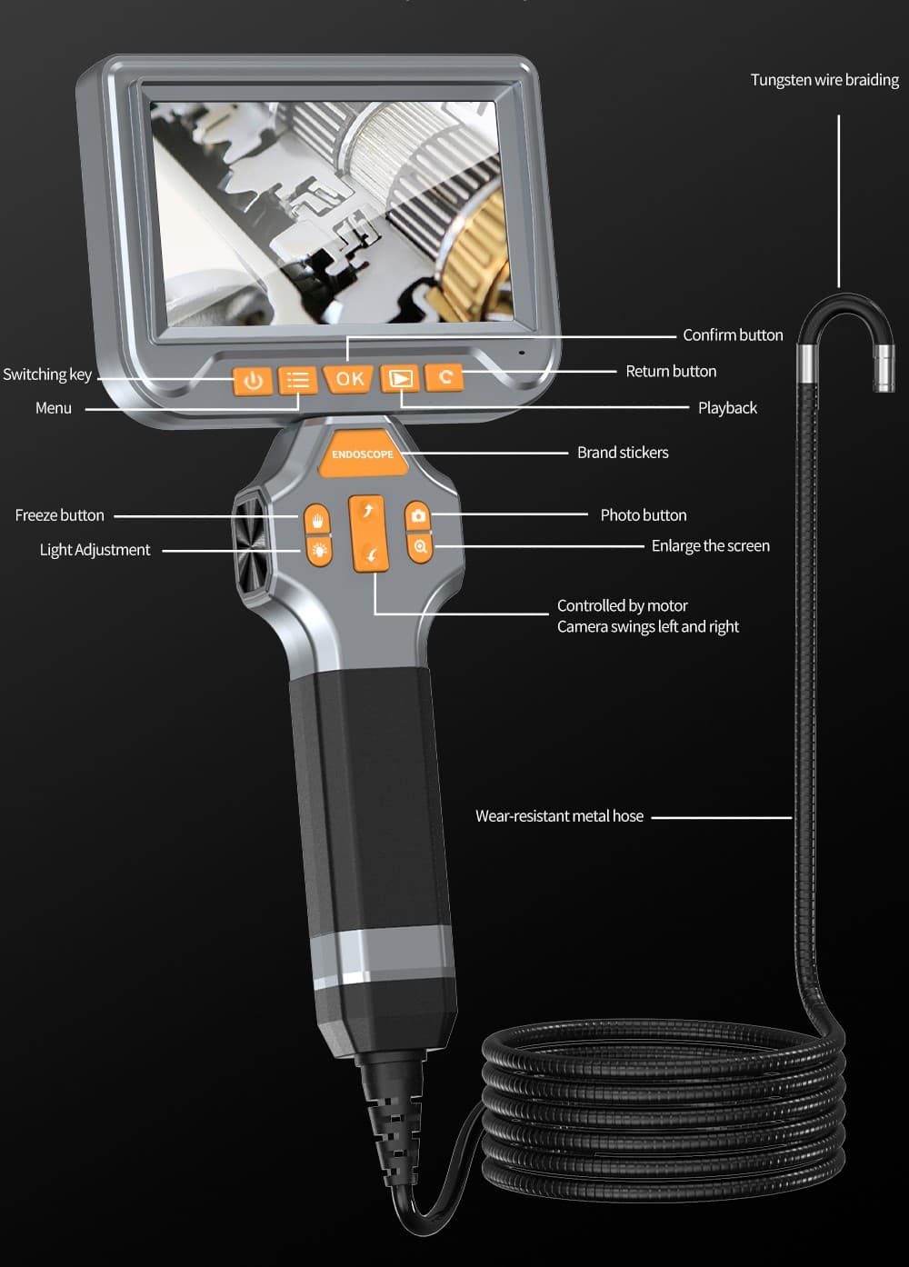 Endoskop 2 kloubový elektricky rotační s HD + auto zaostřování + 5" displej + 6mm kamera s LED + nahrávání na micro SD - náhled 2