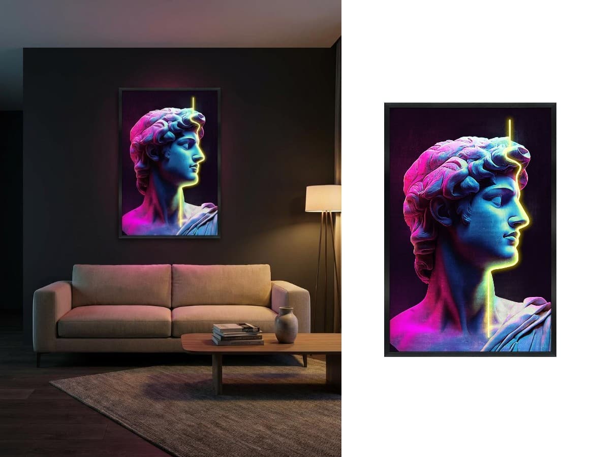 Antická socha s Neon linií v moderním pop art stylu - LED obrazy na stěny 63×93 cm
