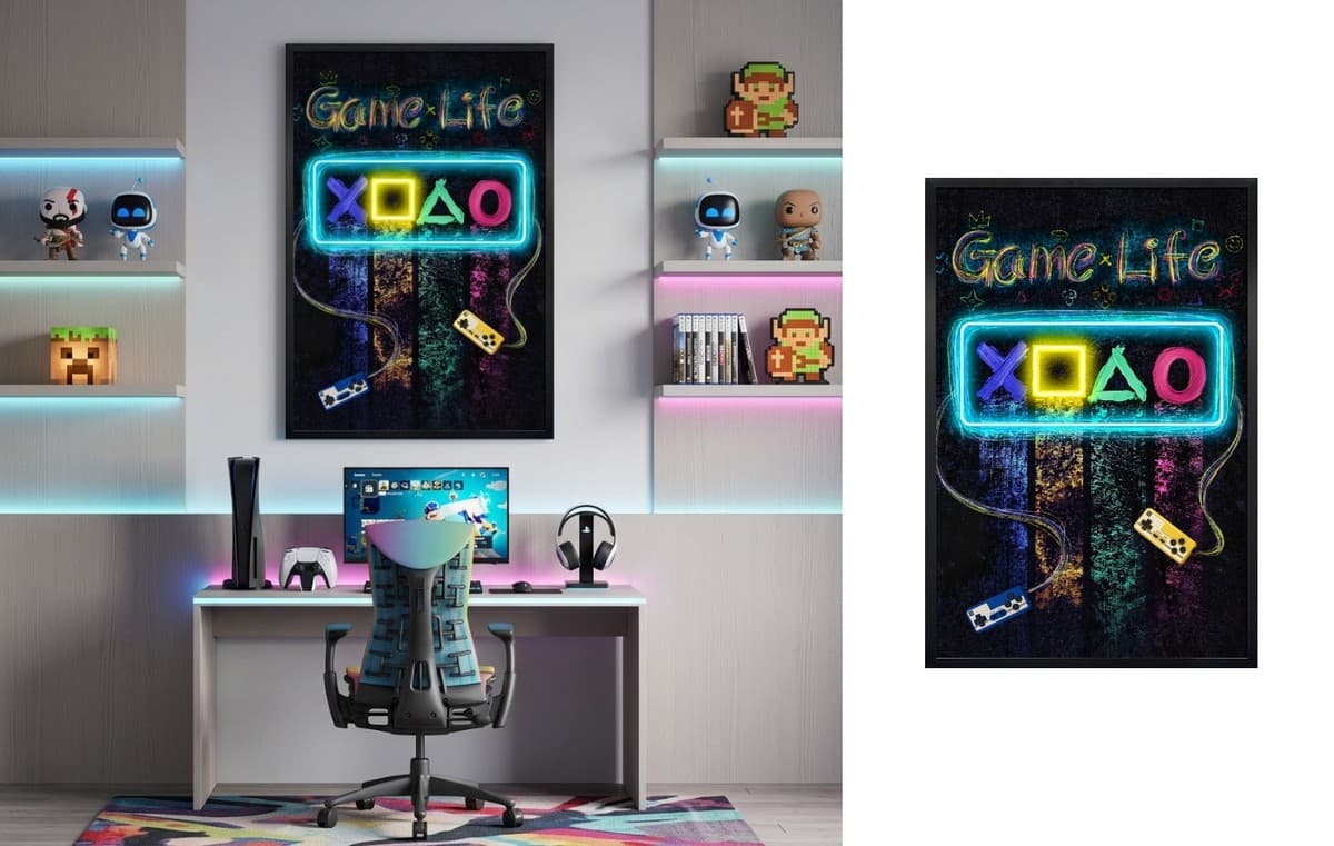 Pop art obraz na zeď pro hráče s nápisem GAME LIFE – LED dekorace – 63 × 93 cm