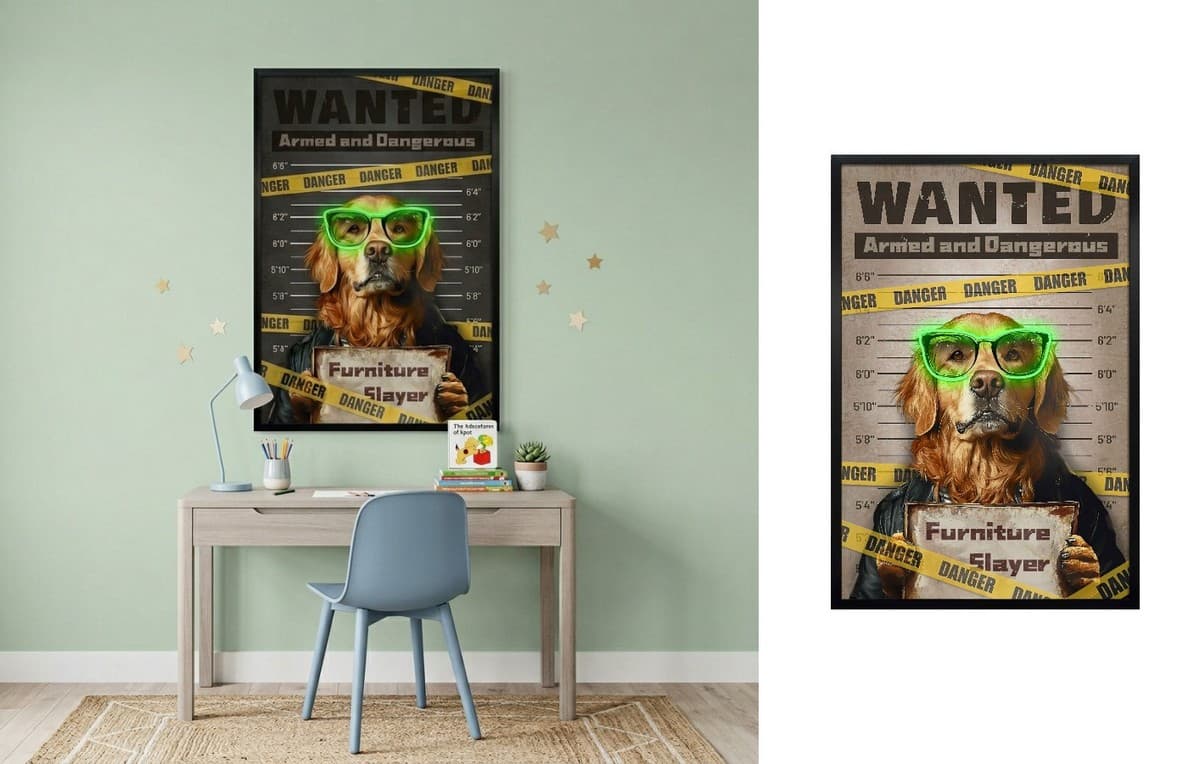 Pop art nástěnný obraz psa s neon brýlemi – LED stylová dekorace na zeď – 63 × 93 cm