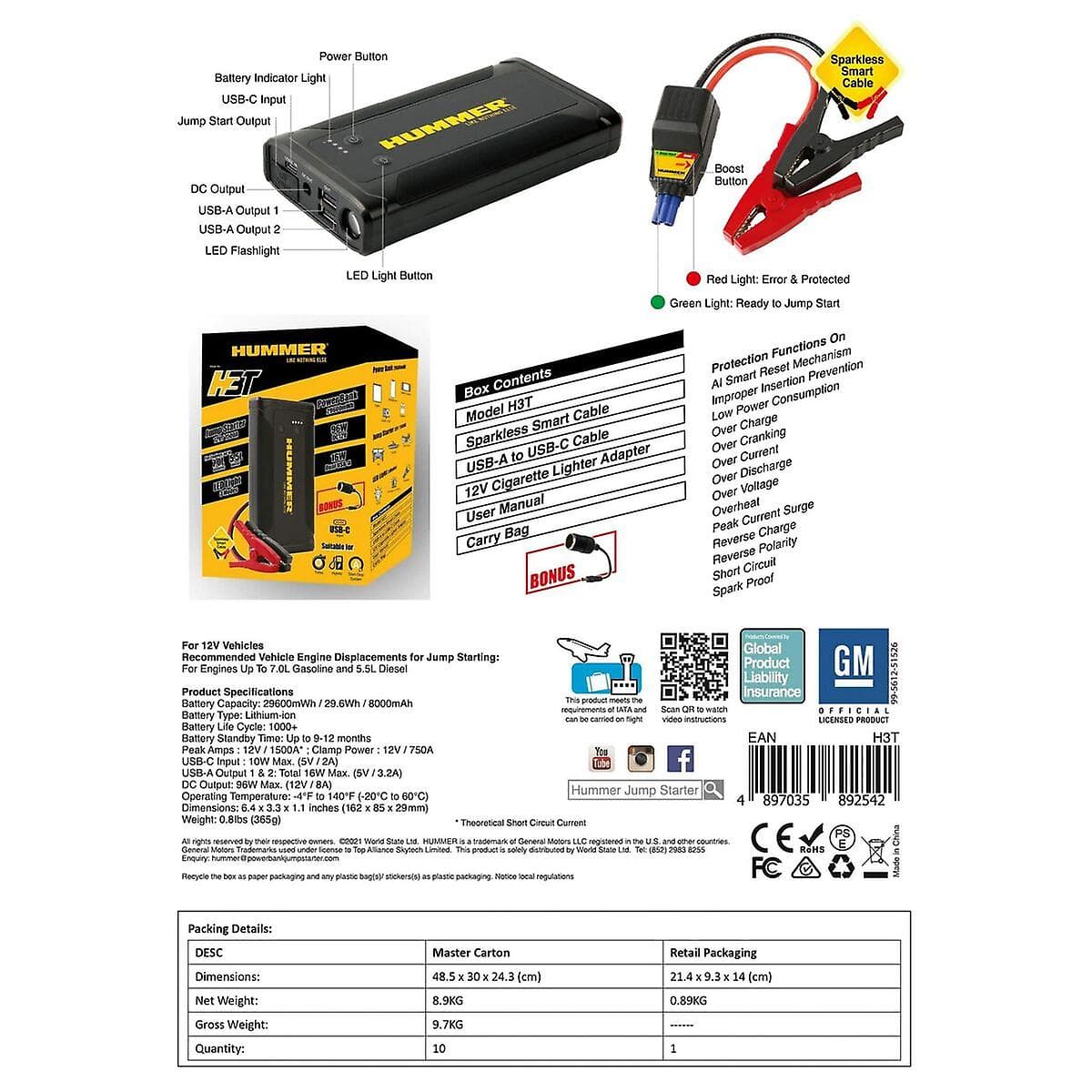 Auto startér box do 7.0L + Power bank - Hummer H3T s 8000mAh + 2x USB + 1x microUSB + LED světlo - náhled 4