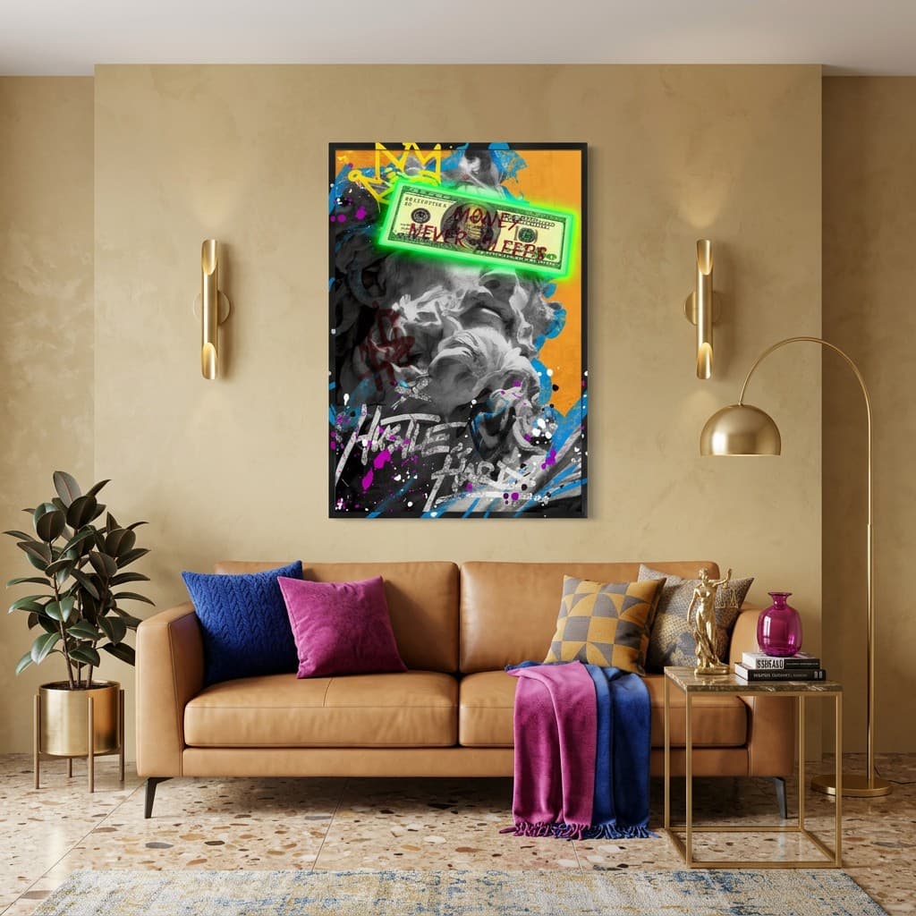 Moderní LED obraz Hustle Hard s pop art graffiti písmem - 83×123 cm - náhled 3