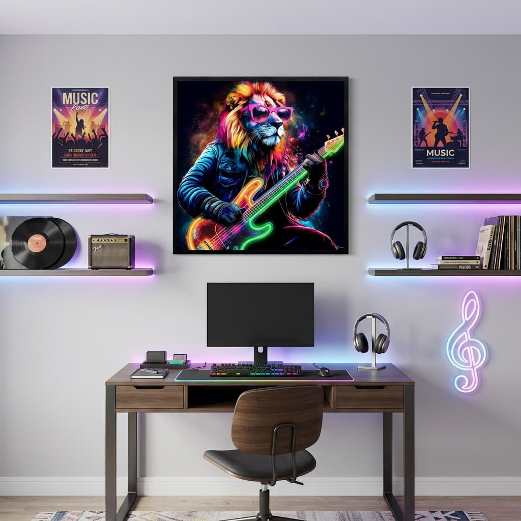 Lev s baskytarou v neon stylu - pop art LED hudební obraz na zeď - 83 × 83 cm - náhled 4