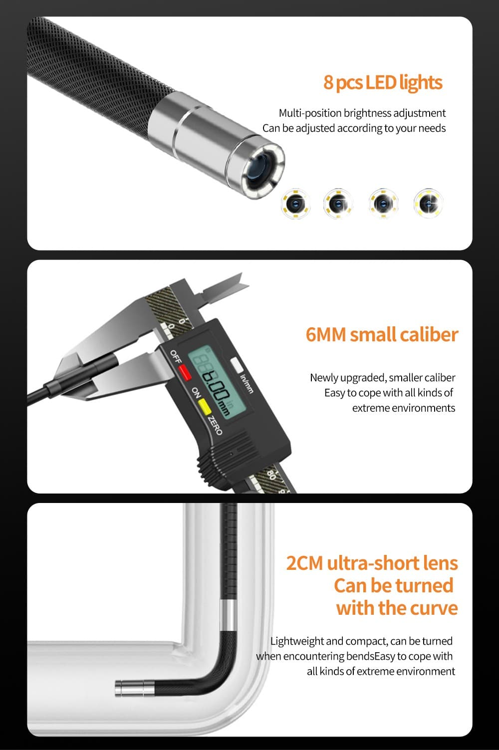 Endoskop 2 kloubový elektricky rotační s HD + auto zaostřování + 5" displej + 6mm kamera s LED + nahrávání na micro SD - náhled 4