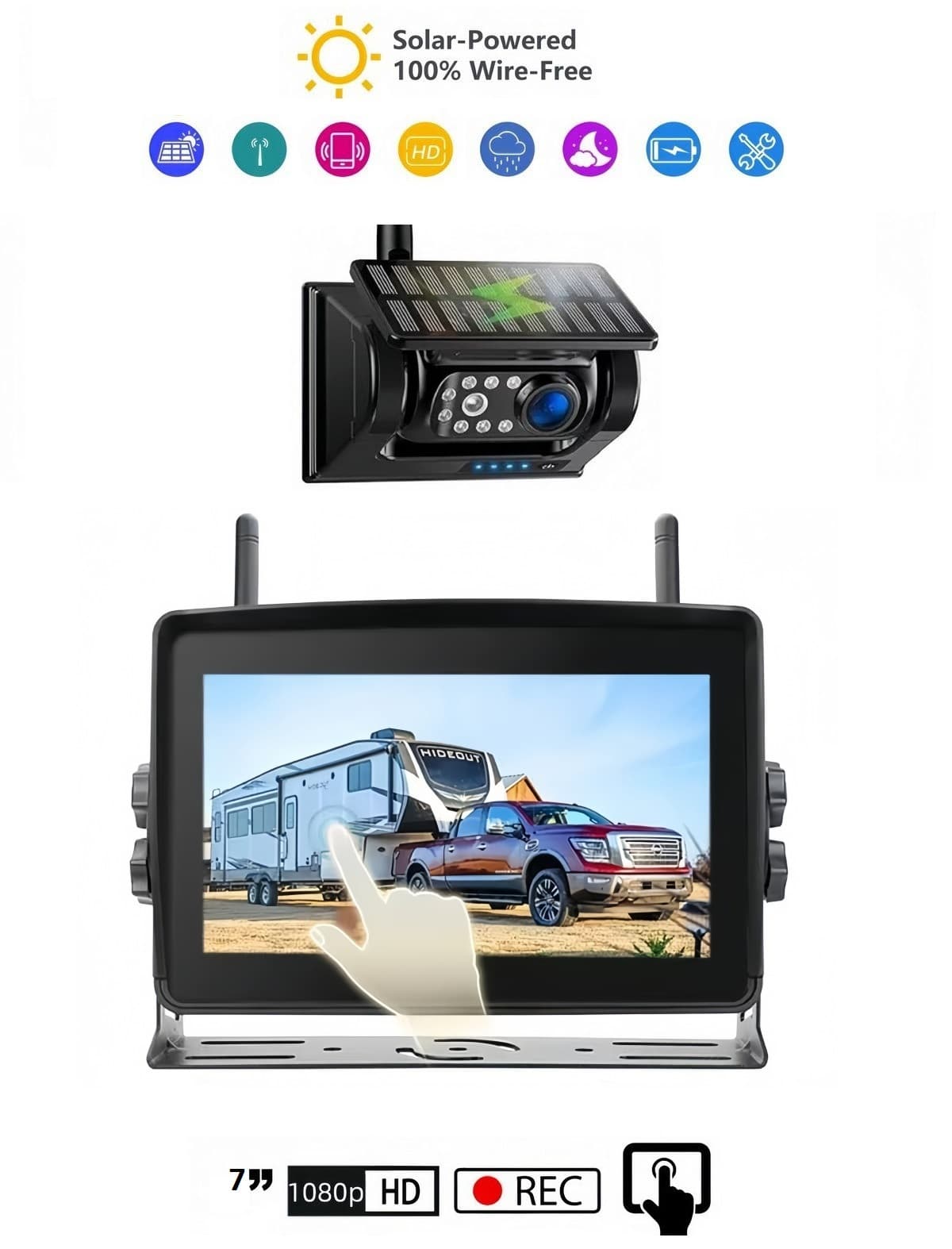 Parkovací set solární 7" monitor + 1x WiFi HD magnetická kamera s IR LED + IP69 + baterie 9600 mAh