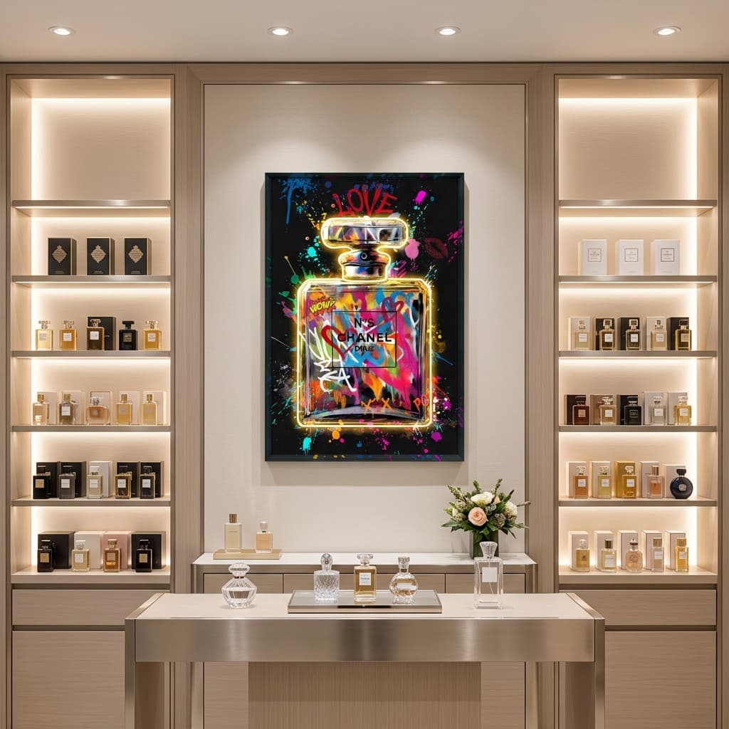 Pop art LED obraz parfému ve street art designu – dekorace na zeď – 63 × 93 cm - náhled 3