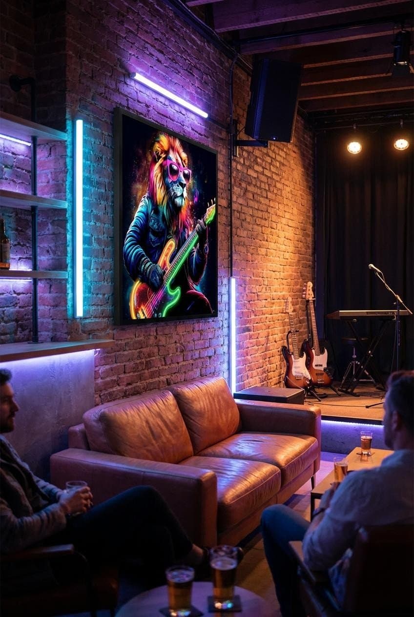 Lev s baskytarou v neon stylu - pop art LED hudební obraz na zeď - 83 × 83 cm - náhled 3