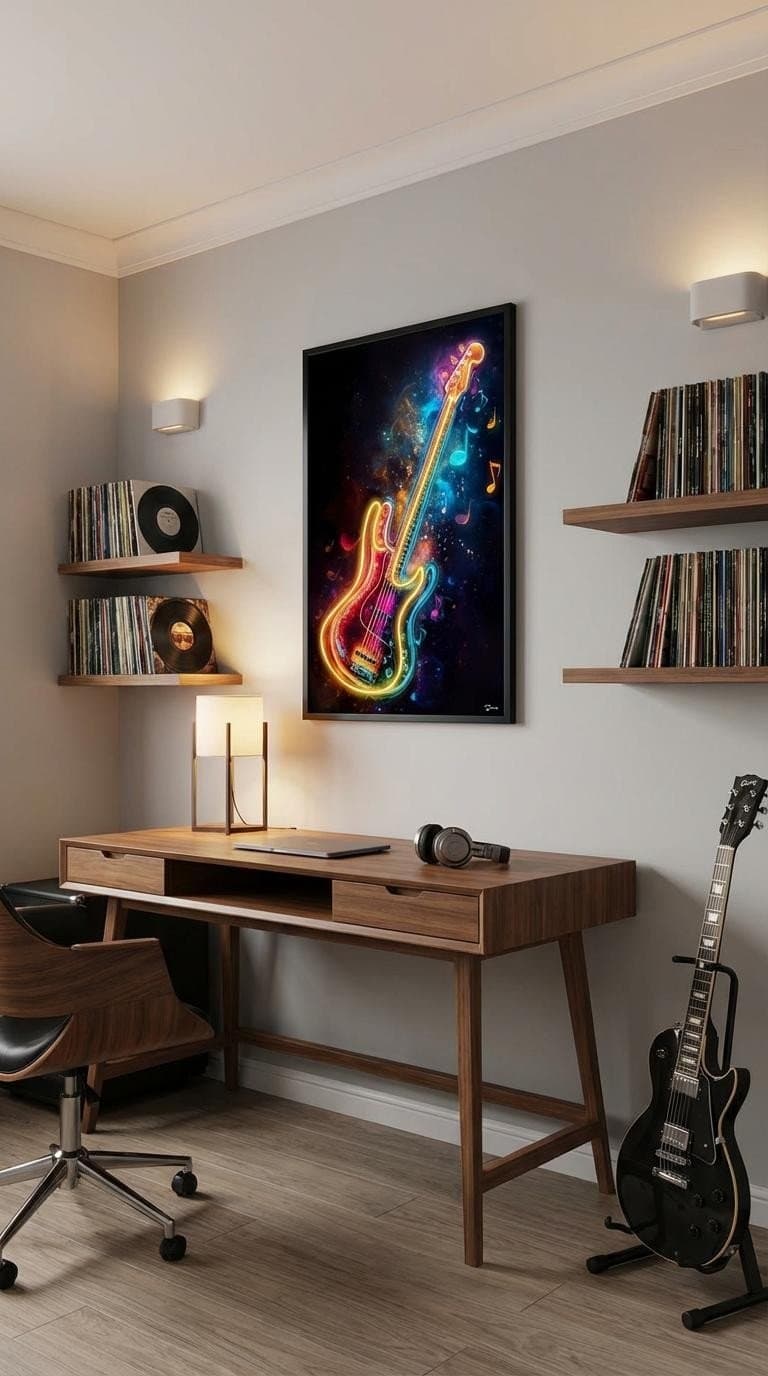 Neonová LED kytara – pop art nástěnný svítící obraz na zeď – 63 × 93 cm - náhled 3