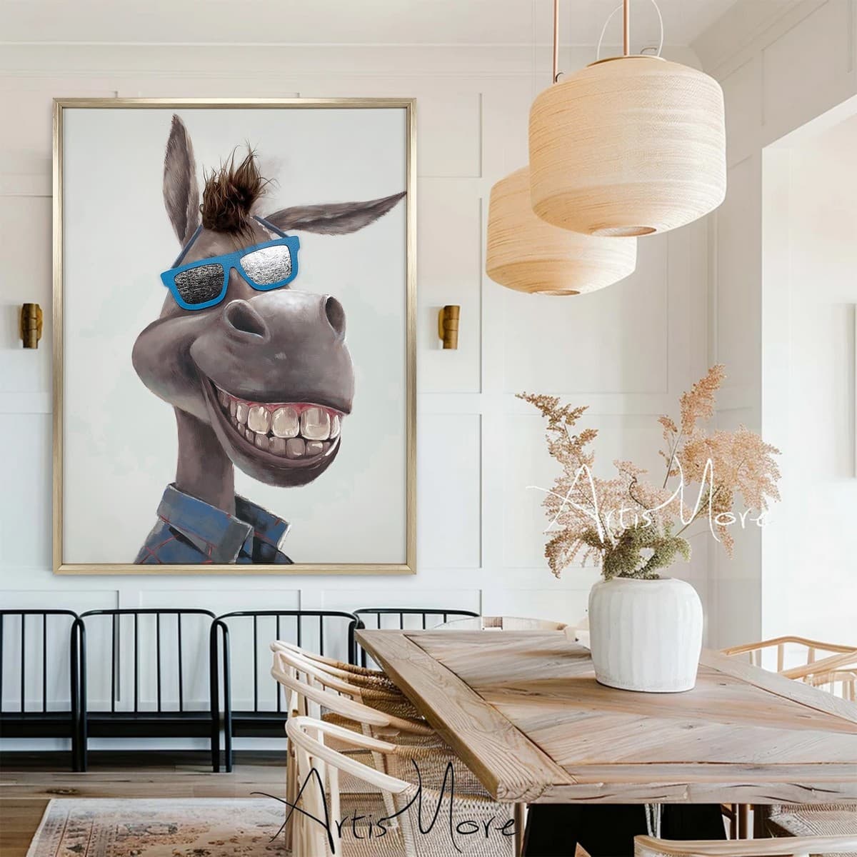 Zábavný / stylový obraz na zeď s 3D efektem a vyčnívajícími vlasy a brýlemi – DONKEY 75 x 100 cm
