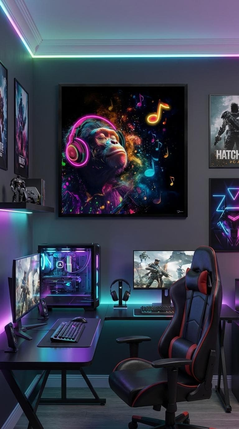 Pop art LED moderní obraz – Opice se sluchátky v neonovém hudebním stylu - 83 × 83 cm - náhled 3