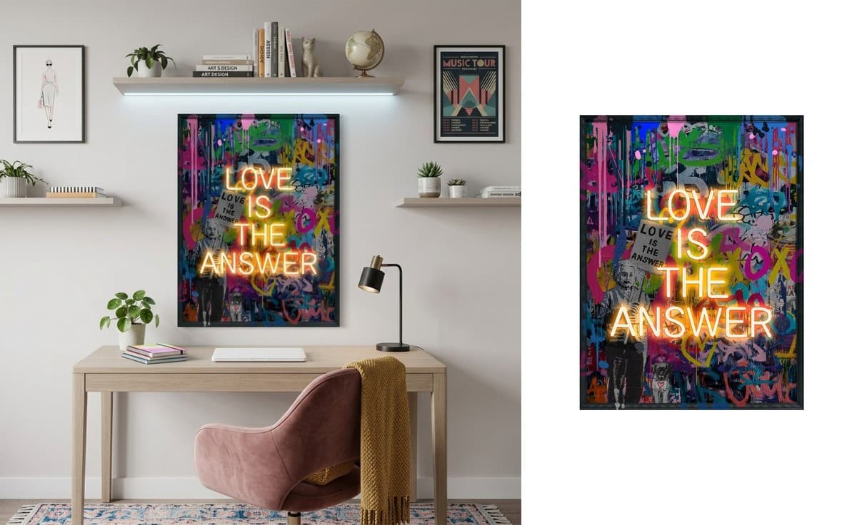 LOVE IS THE ANSWER – Moderní pop art LED nástěnný obraz – 63 × 83 cm