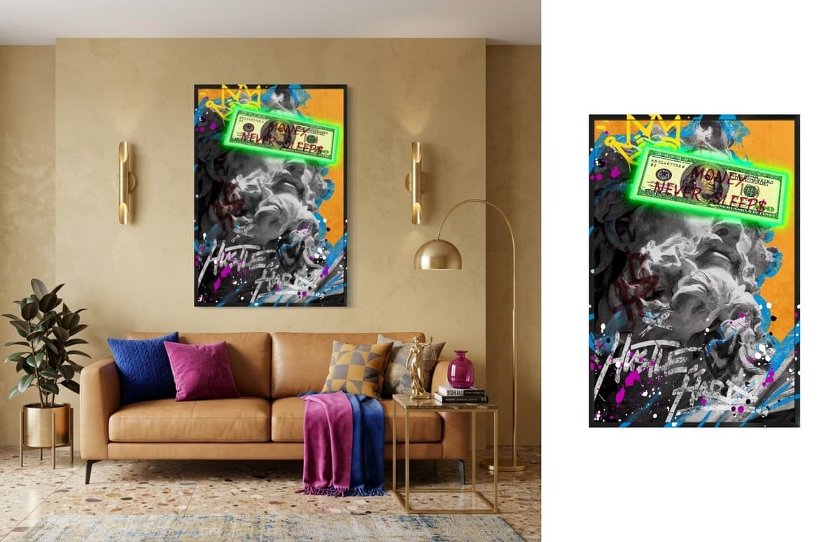 Moderní LED obraz Hustle Hard s pop art graffiti písmem - 83×123 cm