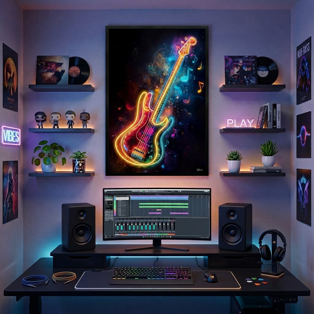 Neonová LED kytara – pop art nástěnný svítící obraz na zeď – 63 × 93 cm - náhled 4