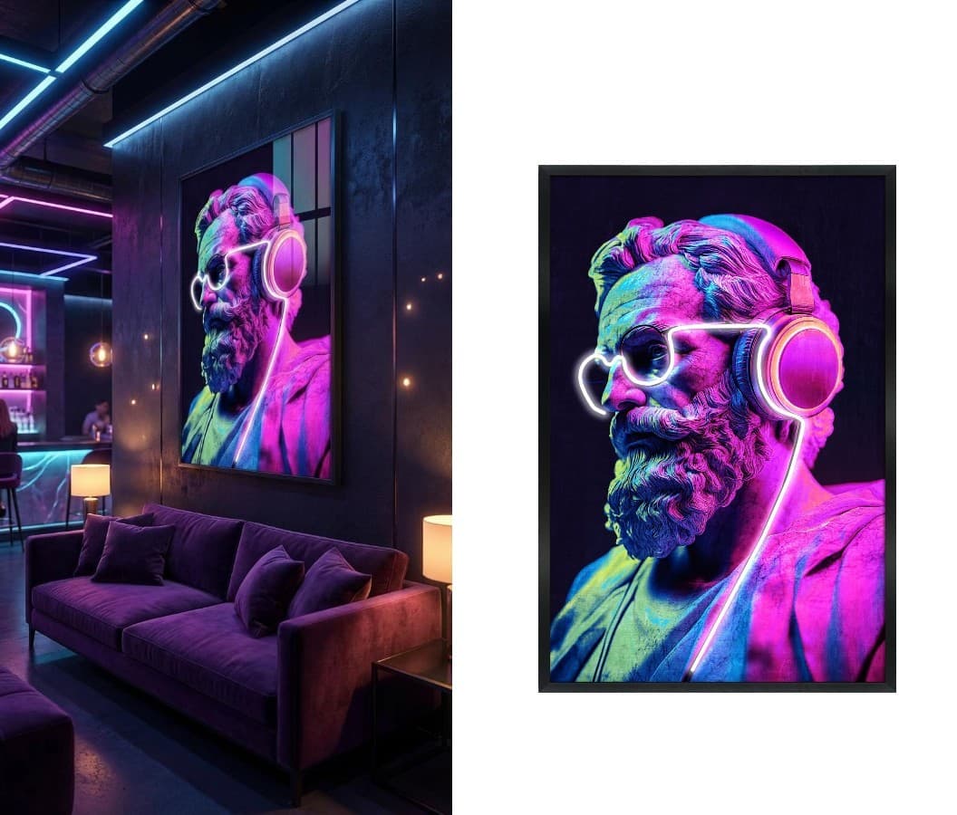 Nástěnný obraz s neonovými sluchátky – pop art LED dekorace na zeď – 63 × 93 cm