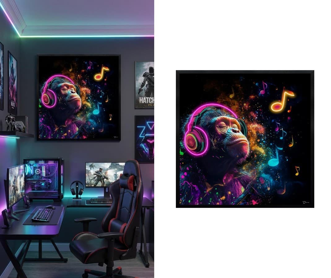 Pop art LED moderní obraz – Opice se sluchátky v neonovém hudebním stylu - 83 × 83 cm