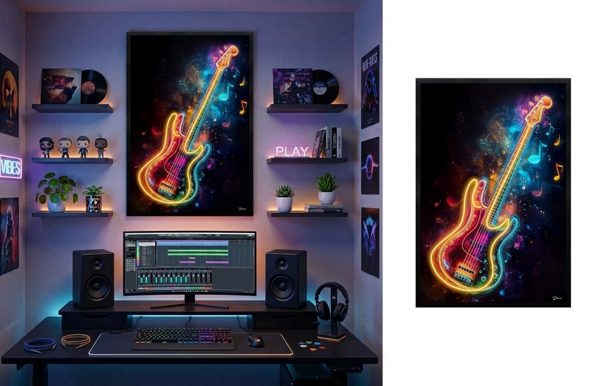 Neonová LED kytara – pop art nástěnný svítící obraz na zeď – 63 × 93 cm