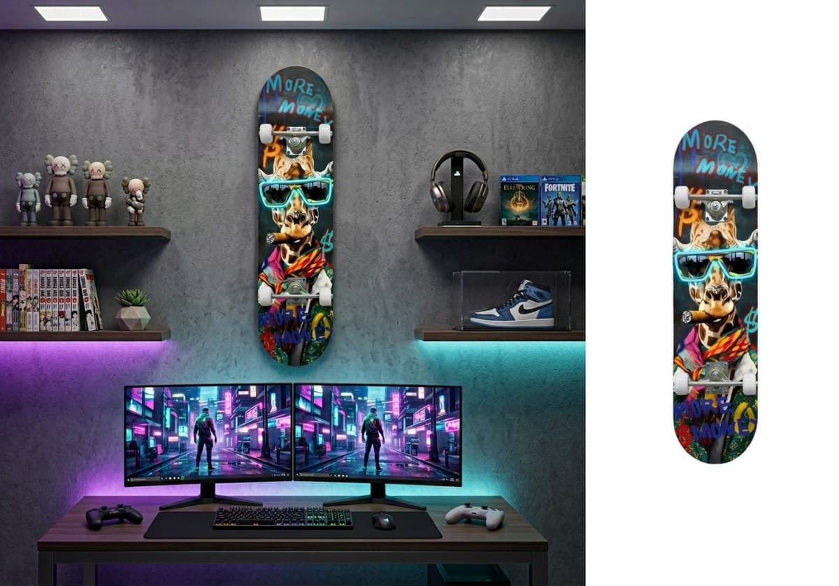 Graffiti žirafa s doutníkem – Moderní pop art LED skateboard obraz na zeď – 20 × 79 cm