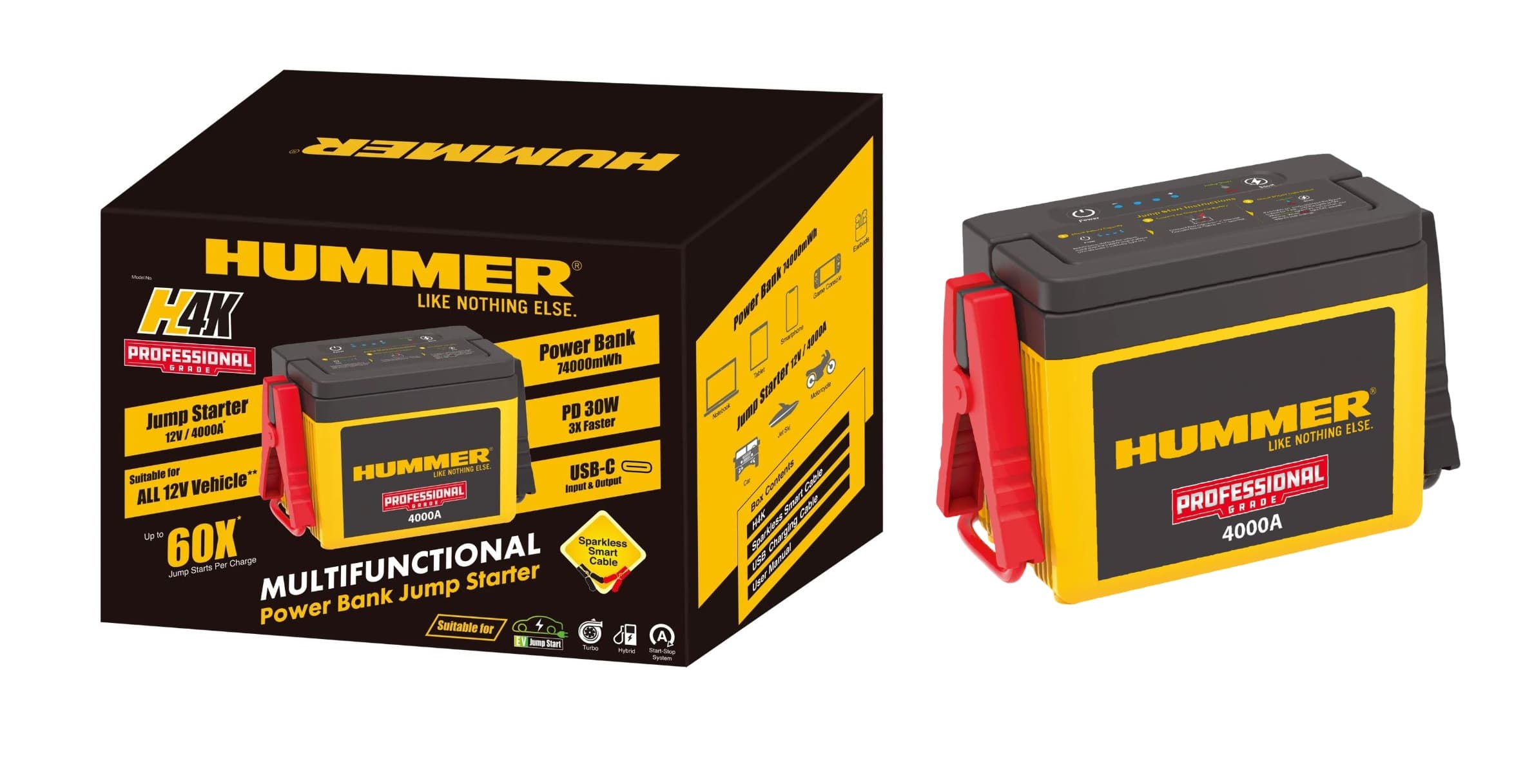 Hummer H4K – Přenosný auto startovací box + Powerbank 20 000 mAh + PD30W (4000A, 12V)