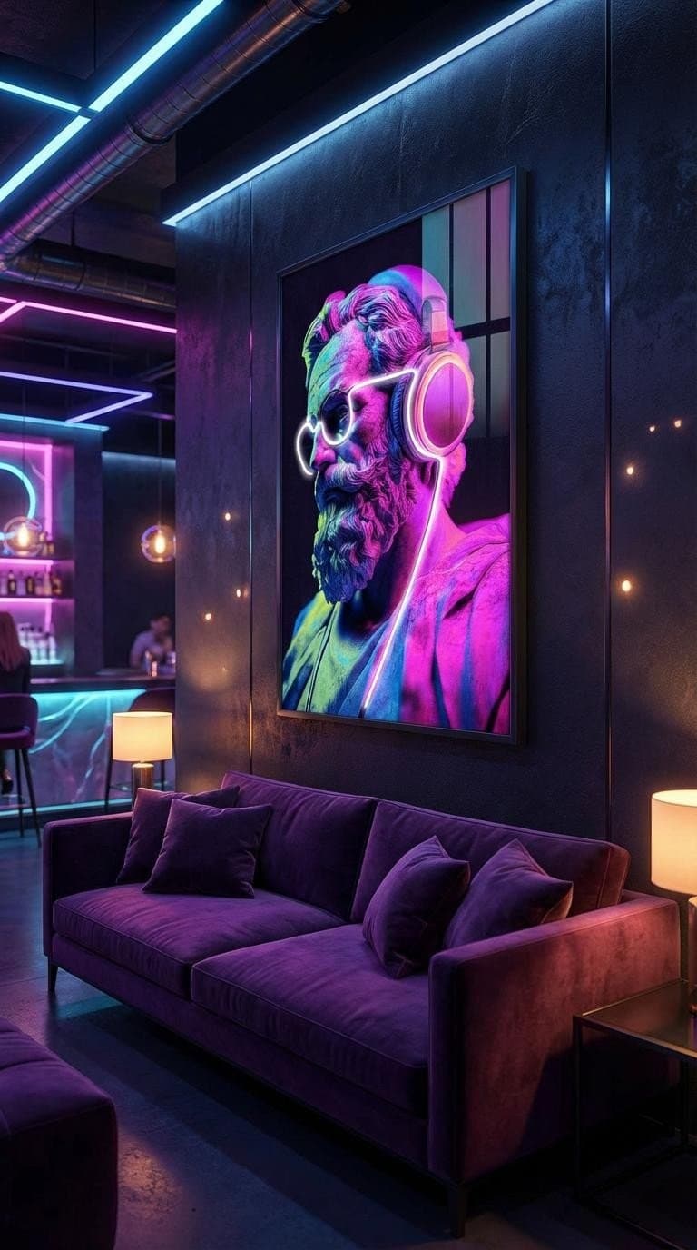 Nástěnný obraz s neonovými sluchátky – pop art LED dekorace na zeď – 63 × 93 cm - náhled 3