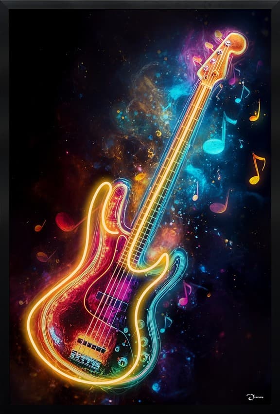 Neonová LED kytara – pop art nástěnný svítící obraz na zeď – 63 × 93 cm - náhled 2