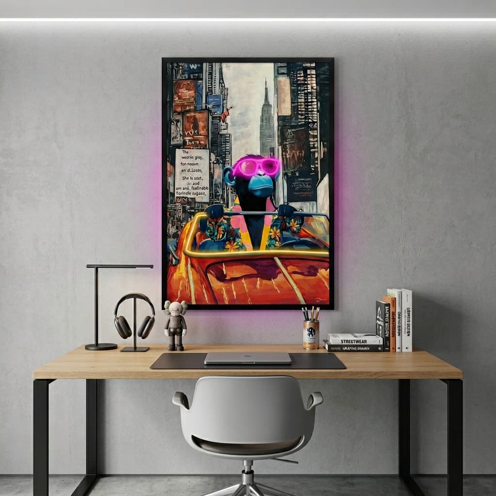 Pop art zábavný LED světelný obraz na zeď – Cool opice ve městě – 63 × 93 cm - náhled 3
