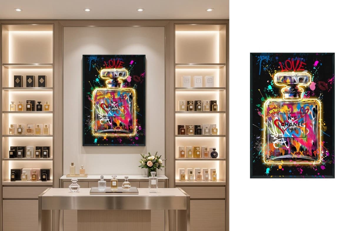Pop art LED obraz parfému ve street art designu – dekorace na zeď – 63 × 93 cm