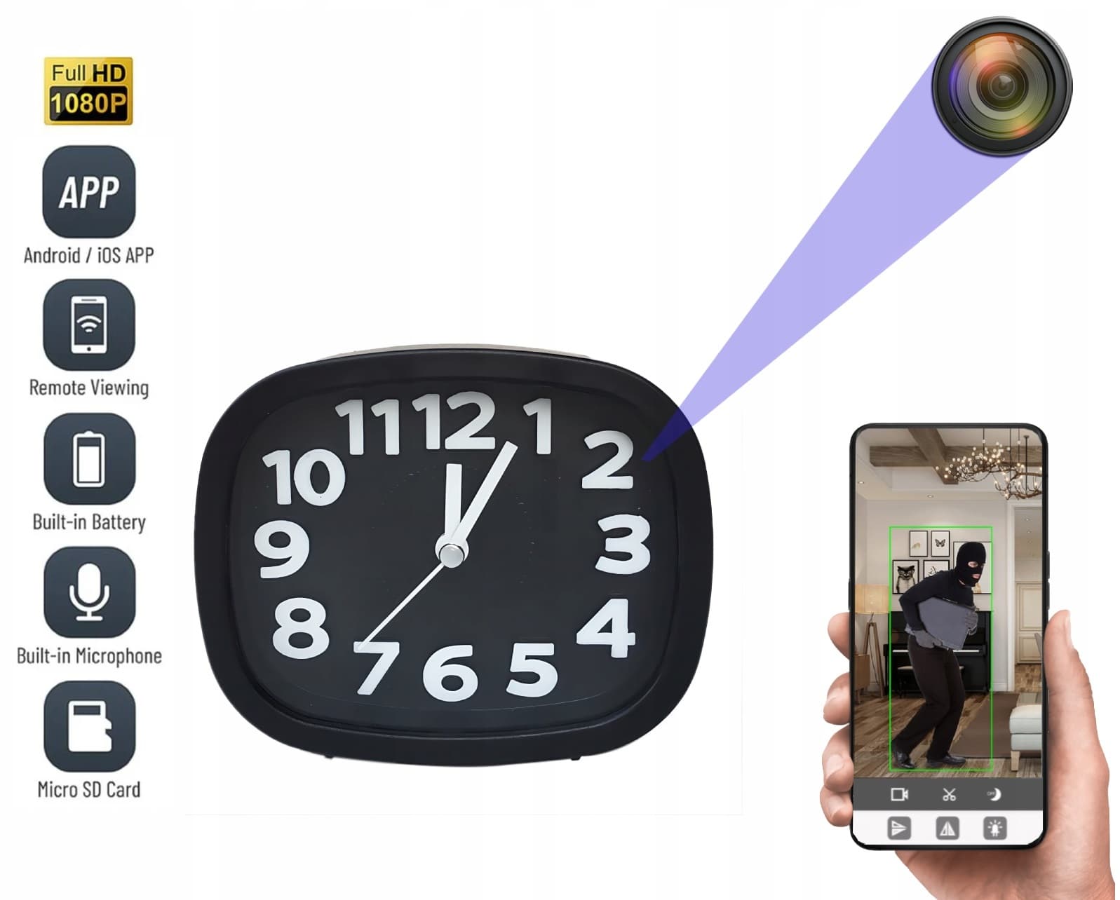 Budík s kamerou analogový s FULL HD + WiFi P2P skrytá kamera v budíku s IR nočním viděním