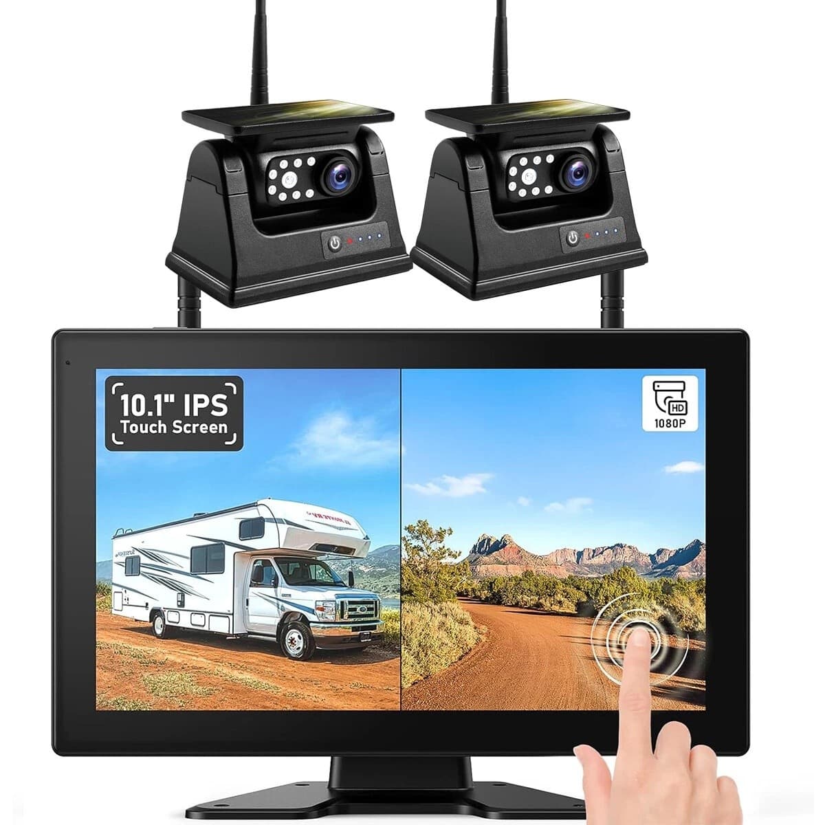 Solární parkovací set - 10" monitor + 2× WiFi HD magnetická kamera, IR LED, 9600 mAh baterie, IP69 - náhled 2