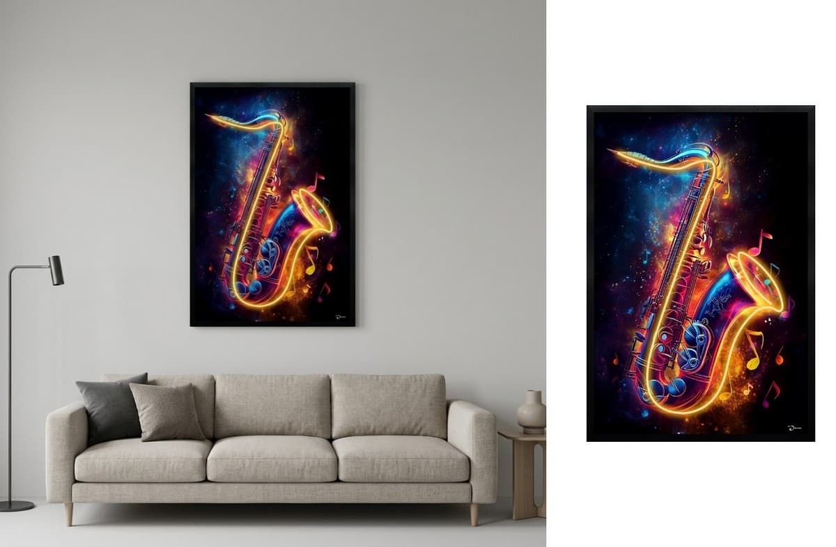 Hudební obraz na zeď s LED efektem – pop art neonový saxofon – 63 × 93 cm