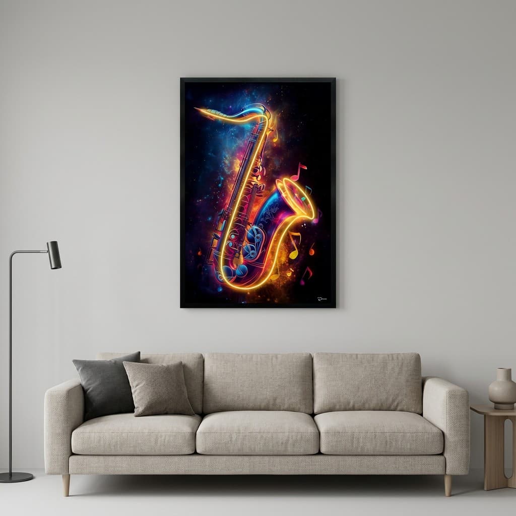 Hudební obraz na zeď s LED efektem – pop art neonový saxofon – 63 × 93 cm - náhled 3