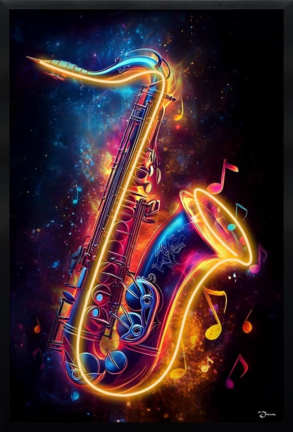 Hudební obraz na zeď s LED efektem – pop art neonový saxofon – 63 × 93 cm - náhled 2