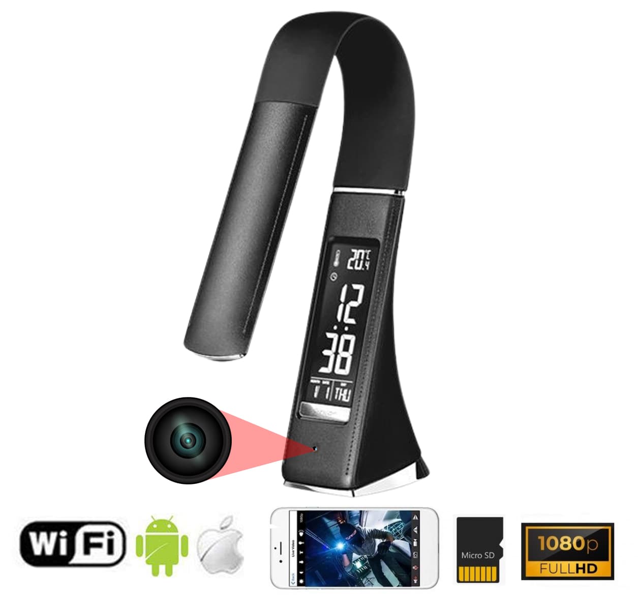 Stolní lampa s kamerou (sklápěcí) Wifi s P2P + FULL HD + displej Meteo stanice + Hodiny