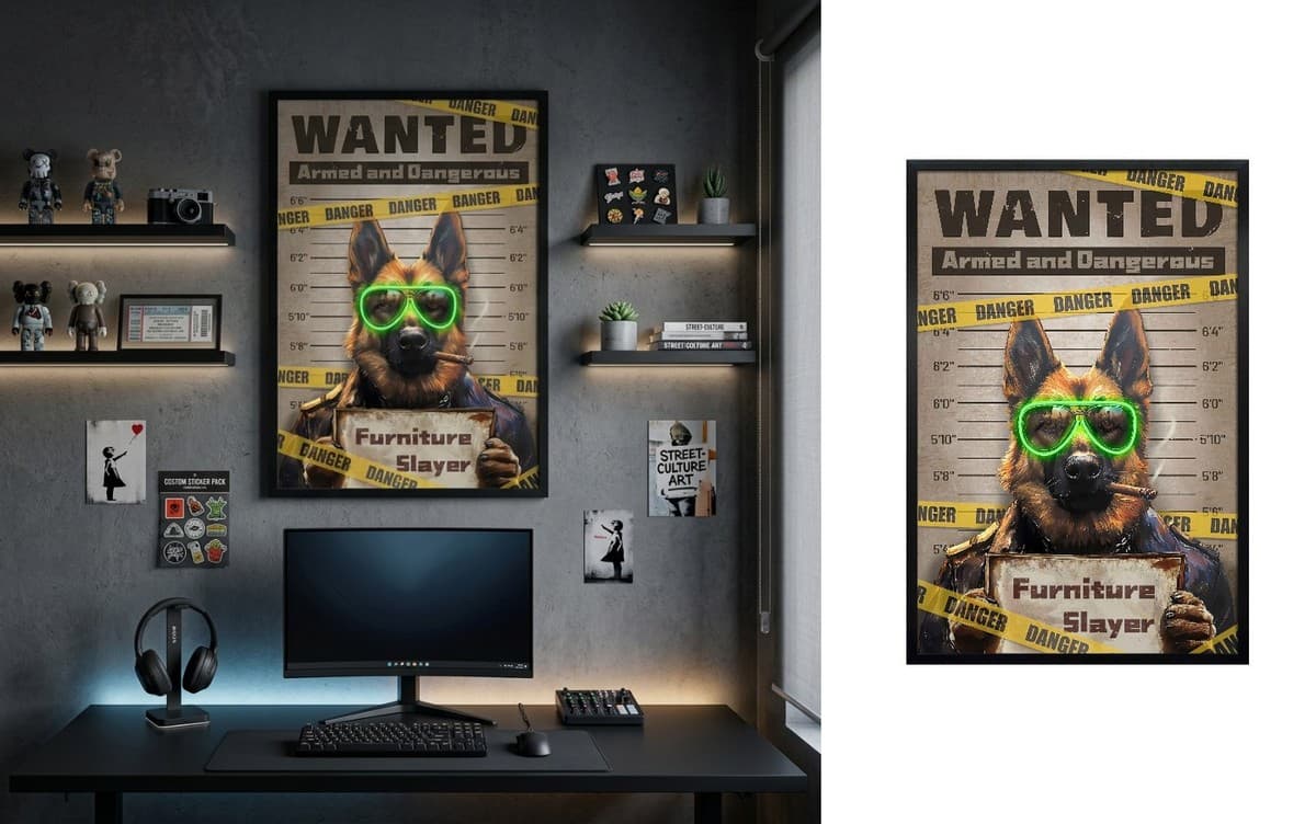 Pes ve vězení Vlčák s doutníkem – LED obraz v pop art stylu - 63 × 93 cm